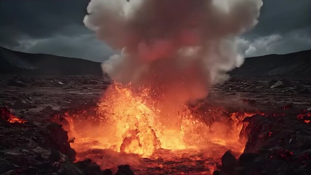 Volcanic eruption with orange lava and white smoke from cracked ground in cloudy landscape
