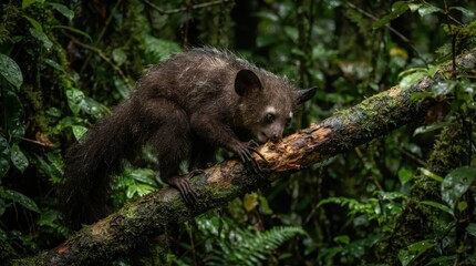 Fototapeta premium Aye-aye on a Mossy Branch: A unique aye-aye, with its distinctive large eyes and slender fingers, cautiously navigates a moss-covered branch deep within a lush, humid rainforest.