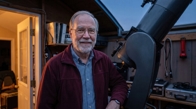 Senior Man Beside a Telescope in an Observatory at Dusk