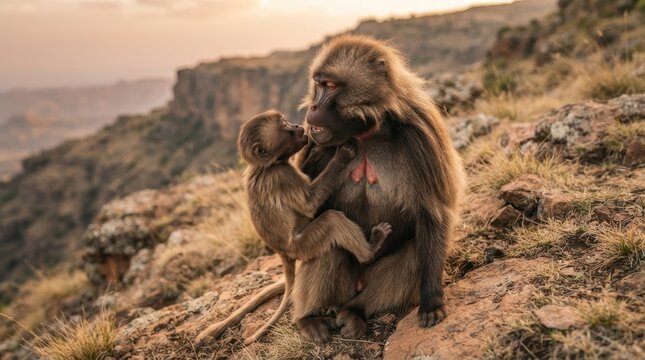 A Mother's Affection: A gelada monkey mother holds her infant tenderly on a rocky mountain slope, showcasing a heartwarming moment of maternal love against a backdrop of rolling hills at sunrise.