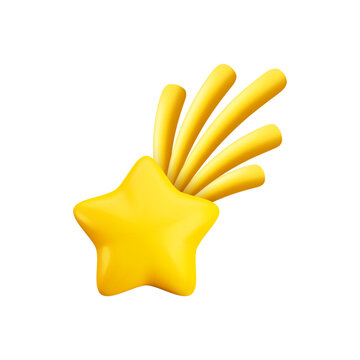 Vector cartoon 3D yellow shooting star. Realistic render star with five curved trails. Rating achievement gold award winner. Abstract cosmic illustration, celestial, celebration sparkle icon