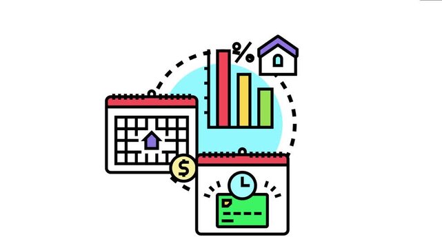 Financial strategy picturing calendars, a house, and a bar chart demonstrating the concept of reducing recurring expenses over time, indicating smart budget management for housing loan repaying