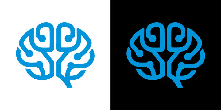 Blue electronic digital brain logo icon set on white and black background representing artificial intelligence and technology