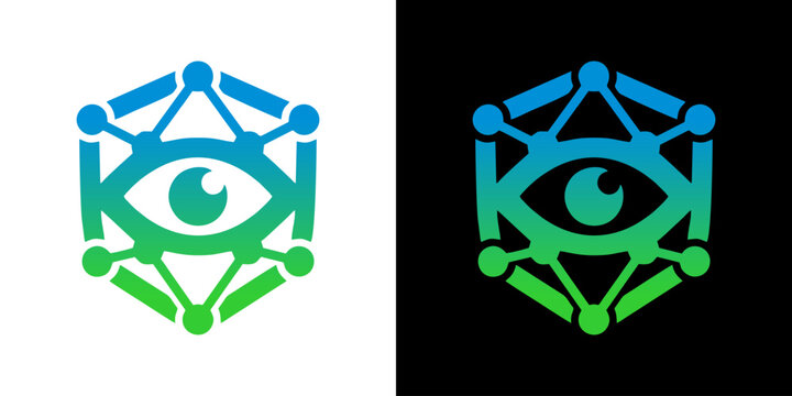 Cyber security eye network logo icon with hexagon node connection graphic in blue and green gradient