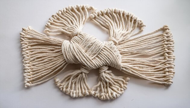 cream macrame cords in progress central knot forms decorative pattern artisan style with soft detail craft scene on white background