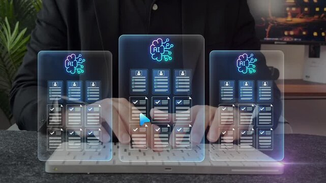 Automated resume screening and candidate evaluation using AI. AI recruitment system for smart hiring, human resources management technology and automation in business
