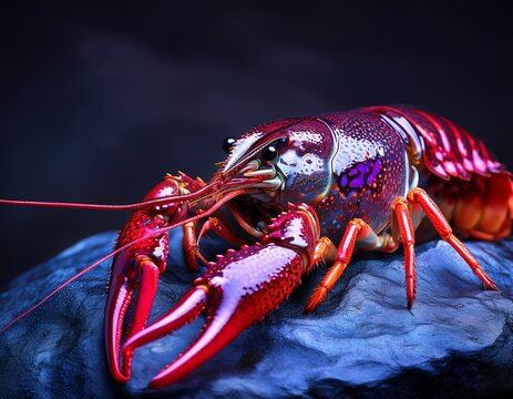detailed close up of a vivid red and purple crawfish on dark background