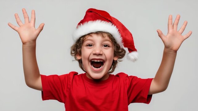 A child, full of glee, is wearing a red holiday hat. With arms raised and a big smile, the boy's joy is contagious. Set against a plain background, the focus remains on his excitement.