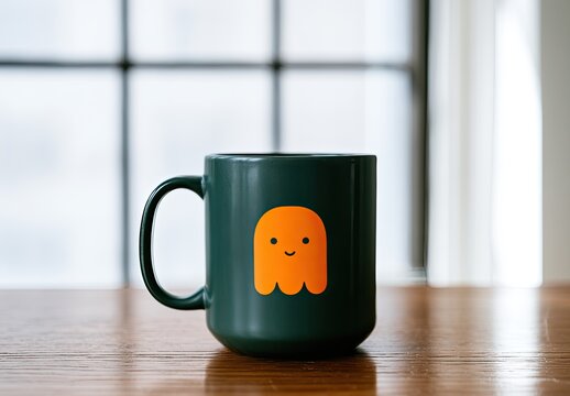A dark green mug with a cute orange ghost design rests on a wooden table