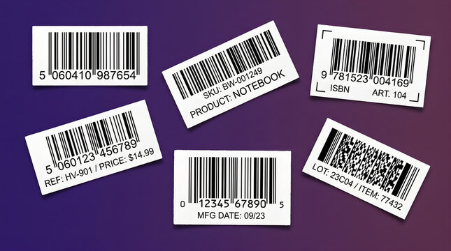 A collection of various white barcode labels with black stripes and text, displaying product information, prices, and identification numbers on a gradient background.