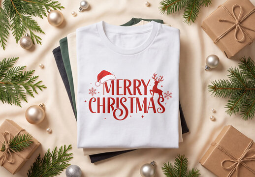 Folded Christmas T-Shirt Stack Mockup
