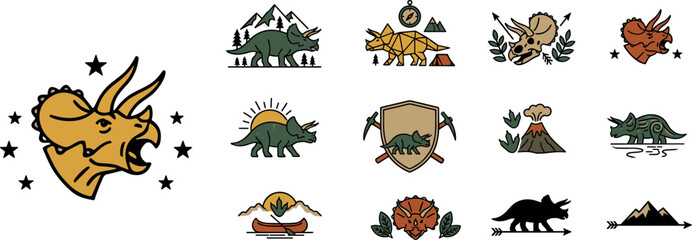 Vintage triceratops dinosaur logo emblems set featuring outdoor adventure badges, mountains, volcano, skull, and geometric icons on white background. © Abdul