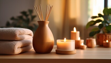 Obraz premium soft candlelight flickers over the wooden aroma diffuser casting warm shadows on the serene surroundings of a tranquil home spa