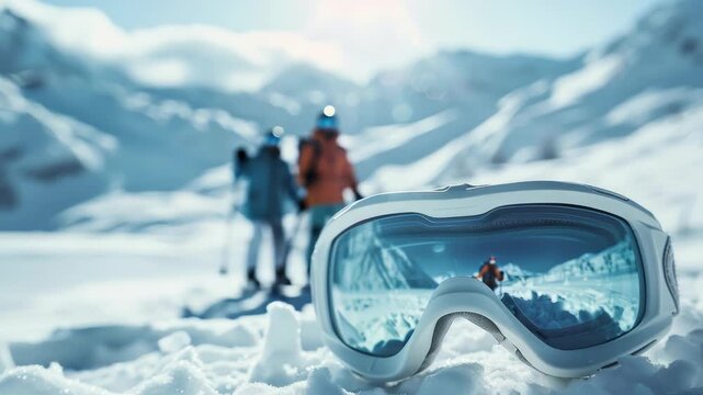 A close-up shot showcases ski goggles resting on fresh snow, with a mountain range visible in the background, reflecting in the lens. Distant skiers create a sense of activity and adventure.
