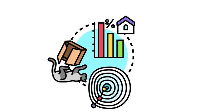 Financial diagram showing decreasing bars, a house, and a cat indicating targets and costs reduction, symbolizing a downward trend in expenses and goals