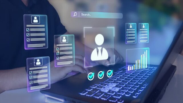 Automated resume screening and candidate evaluation using AI. AI recruitment system for smart hiring, human resources management technology and automation in business
