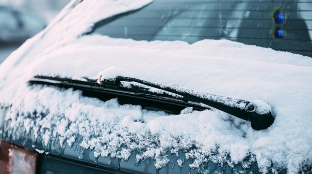 Car rear window and windshield wipers covered with snow after heavy winter snowfall, illustrating severe weather, winter conditions, climate change, natural disasters and driving safety