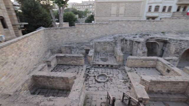 View of the ancient stone ruins and archaeological excavations of the Palace of the Shirvanshahs in the historic Old City of Baku, Baku, Azerbaijan.