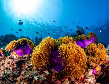 Underwater view of anemones with flowing tentacles, sunny surface, and schooling fish