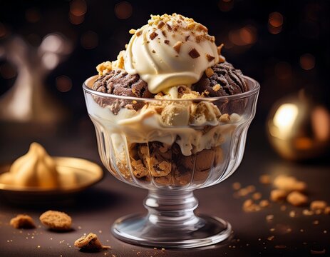 glass dessert cup with cookie crumble ice cream sundae