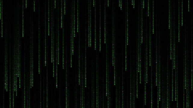 Matrix code digital rain falling on black background technology animation