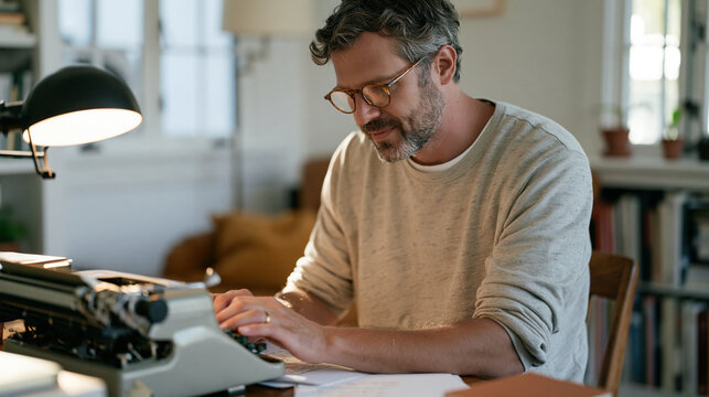 A man with round glasses sits at a restored vintage typewriter in a lamp-lit study typing a letter addressed to his deceased father, the unsent correspondence a private ritual of
