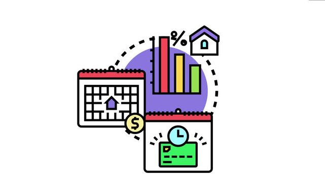 Financial concept reducing monthly payments for a home loan or credit, with elements like a declining bar chart, percentage, house, calendars, and a payment card