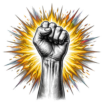 Black raised fist silhouette with vibrant yellow and orange sunburst rays on a deep black background