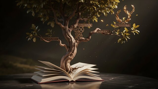 Powerful growth mindset concept featuring a majestic tree growing from an open book, roots formed from knowledge and learning, branches transforming into opportunities