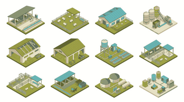 Set of isometric farm buildings and structures, including barns, silos, and animal enclosures, illustrating agricultural concepts.