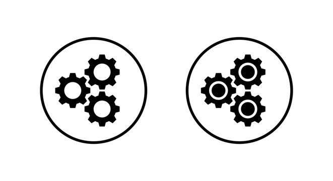 Three cogs gear icon in circular outline. Engine mechanism and system settings symbol