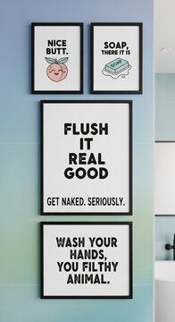 Four framed witty bathroom quotes displayed on a gradient tiled wall, symbolizing humor, daily routine, and modern home decor.