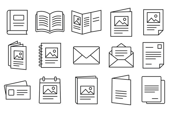 Book and Print Collateral Line Icons Set, Brochure, Catalog, Flyer, Envelope and Document Outline Symbols, Minimal Publishing Vector Illustrations, Editable Stroke