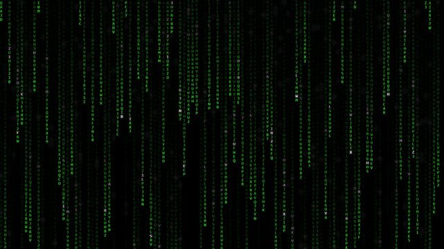 Green digital matrix code streaming down vertically on black background