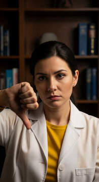 Woman in lab coat giving thumbs down, face with serious expression, symbolizing disapproval, negativity, or disappointment in a professional setting