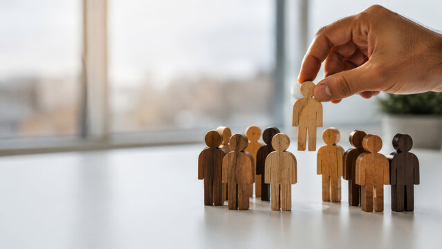 Hand selecting a wooden person from a diverse group of figures, representing employee recruitment, talent selection, leadership and hiring. Concept of opportunity, inclusion and career