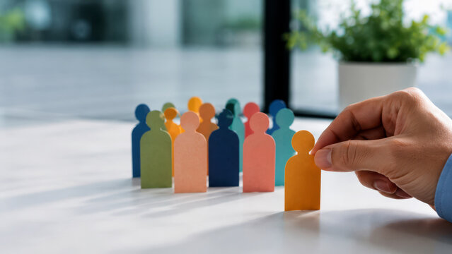 Hand selecting a colorful person figure from a group, representing recruitment, hiring, talent selection, diversity, inclusion and career opportunity. 