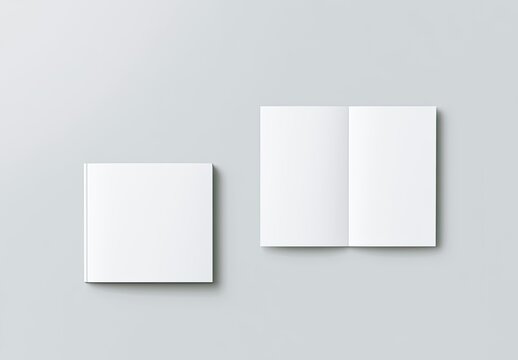 Two blank white brochures, one closed square, one open booklet