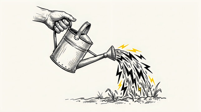 A hand drawn sketch of a person holding a watering can pouring water onto the ground