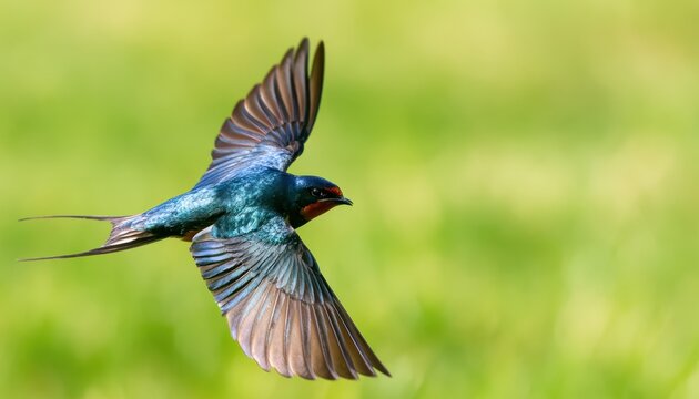 Barn swallow bird flying with spread wings against a blurred green background