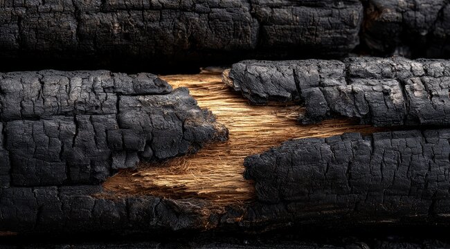 Close up of black charred logs revealing bright orange wood fibers Burnt