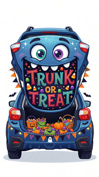 A friendly blue car with open trunk filled with Halloween candy, symbolizing a fun trick-or-treat event, perfect for festive invitations or decor