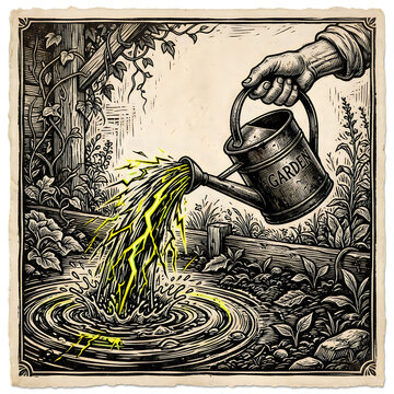 Vintage style woodcut illustration of a hand watering a garden with a metal watering can in nature