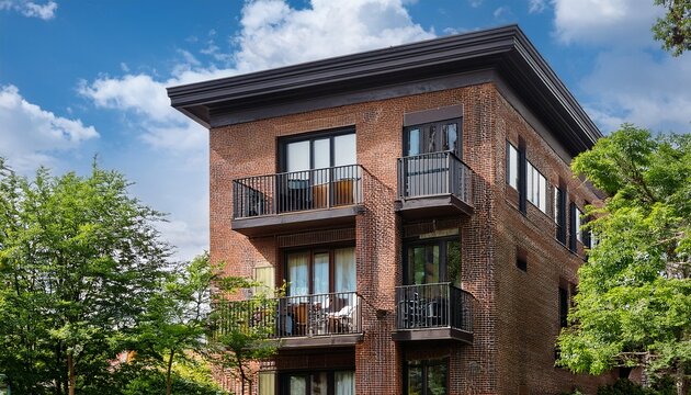 a brownstone residential building rises amidst lush greenery sleek modernity and tranquil balconies