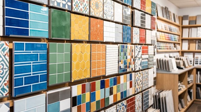Colorful ceramic tile samples displayed on wall in tile showroom. Variety of patterns and textures for interior design.