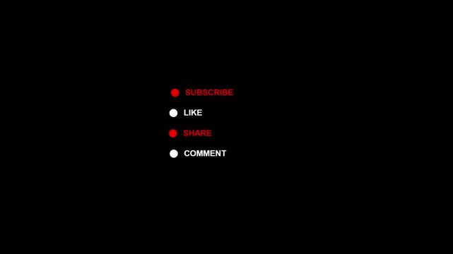 Graphic user interface elements with subscribe, like, share, and comment options on black background