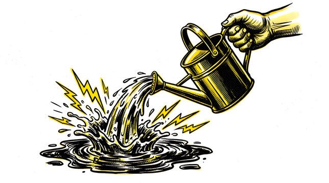 A hand holding a watering can pouring water that splashes and creates an explosion of energy and light