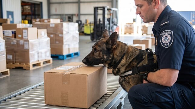 Customs officer with k9 detection dog inspecting cardboard box on conveyor belt at warehouse. Border security, cargo screening and smuggling prevention concept.