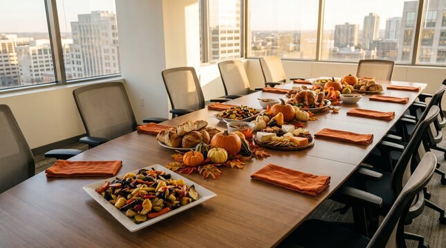 Conference table set for an office Halloween costume potluck lunch