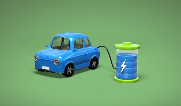 cartoon Blue Electric Car Charging from Large Battery Concept on Green Background 3D Render